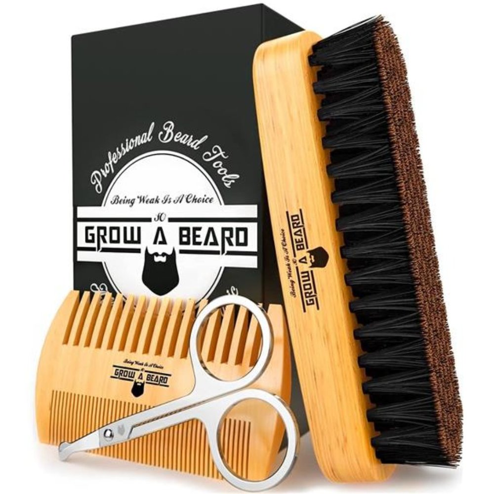 Beard Brush for Men & Beard Comb Set w/Mustache Scissors Grooming Kit